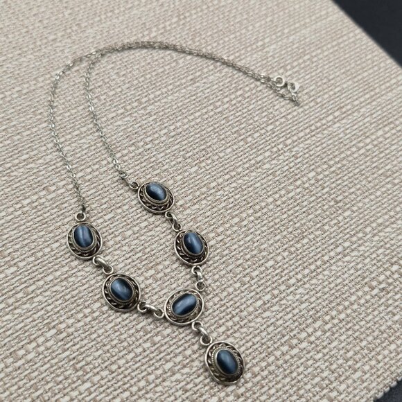 18 Inch Sterling Silver Cat's Eye Gemstones Rustic Necklace A6405 - Picture 3 of 8